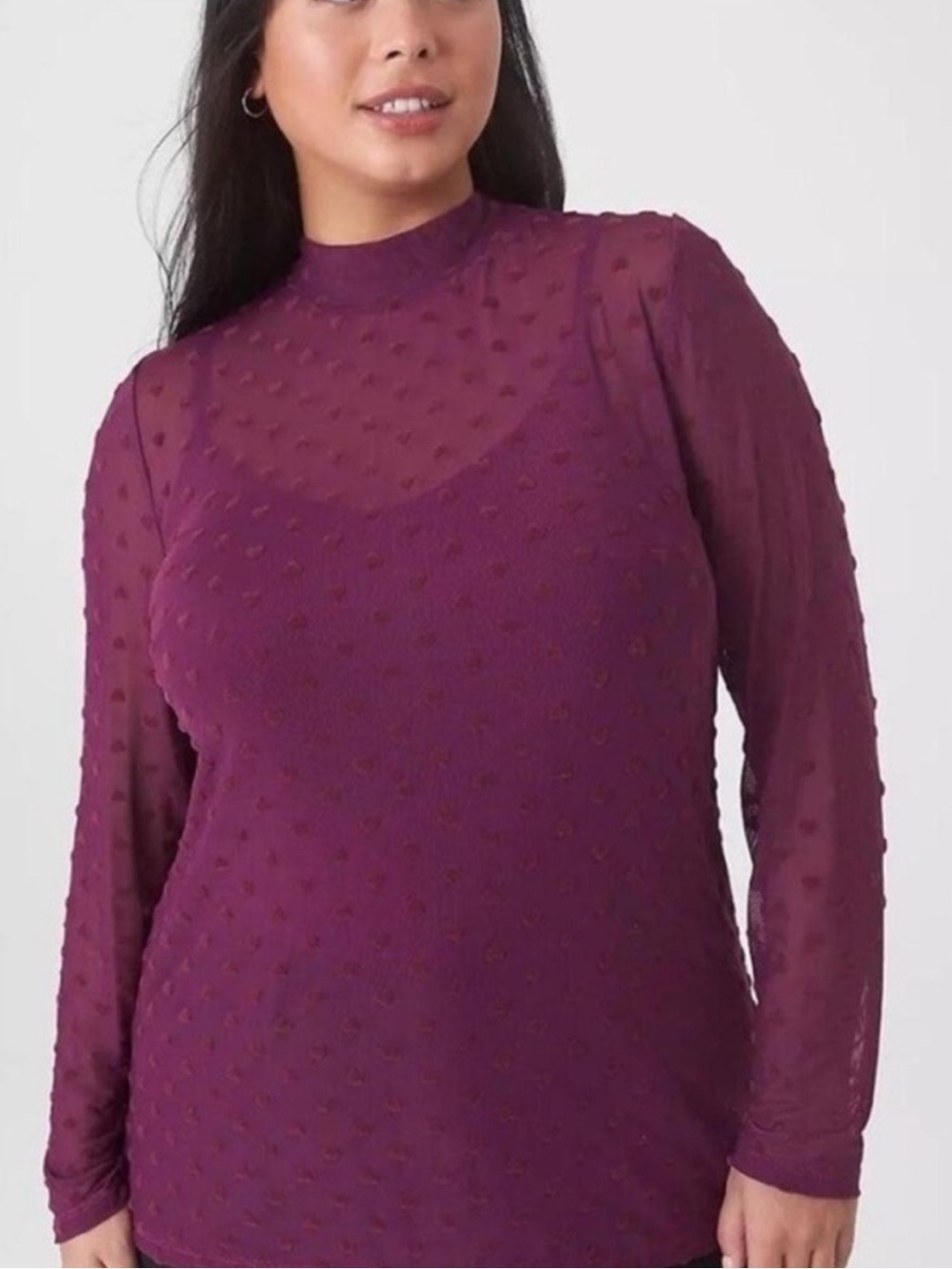 Lane Bryant NEW Long Sleeve Sheer Mesh Stretch Top Plum Womens 18-20 Hearts